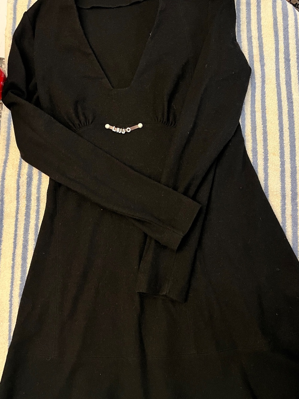 Liu Jo Black Long-Sleeve V-Neck Dress with Logo Bead Detail